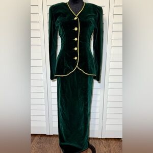 Vintage Emerald Velvet Skirt Suit | 80s Holiday Jewel Button Set